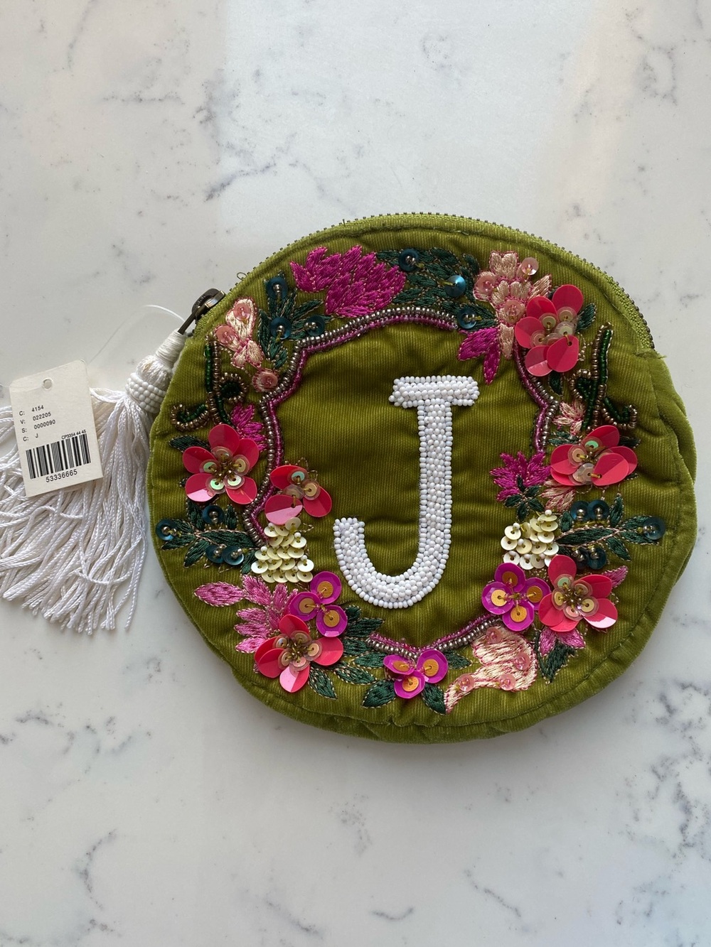 NWT Anthropologie Anna Harlow Russo Velvet Initial J Beaded Velvet Pouch